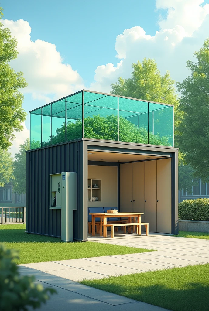 Algae-Powered Shed for school a roof with glass inside is algae and a table and chairs charging point and etc
