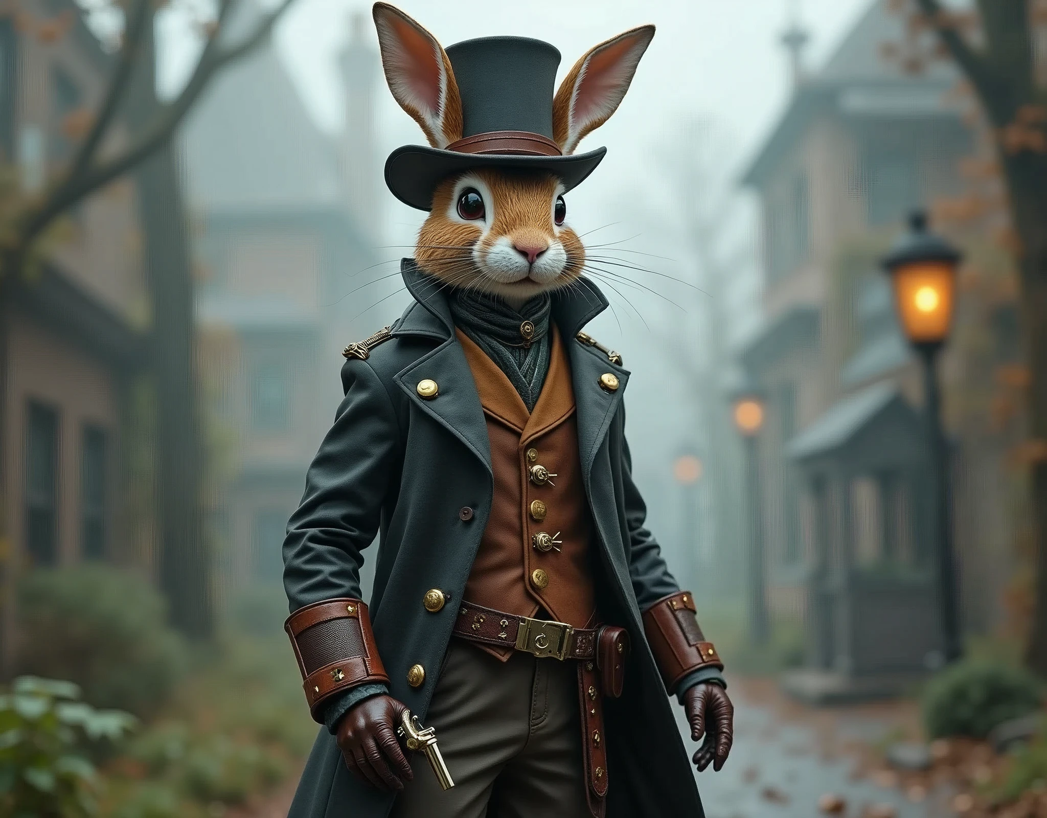 The image depicts a rabbit anthropomorphized with human-like features, dressed in a steampunk-inspired outfit. The character is standing in an environment that suggests a foggy, Victorian-era setting, possibly a steampunk-inspired fantasy world. The rabbit's attire includes a top hat, a long coat with leather accents and brass buttons, and gloves, all of which contribute to the steampunk aesthetic. The presence of the revolver adds a sense of adventure or danger to the scene. The overall impression is one of a character from a science fiction narrative, blending elements of fantasy and historical fashion.