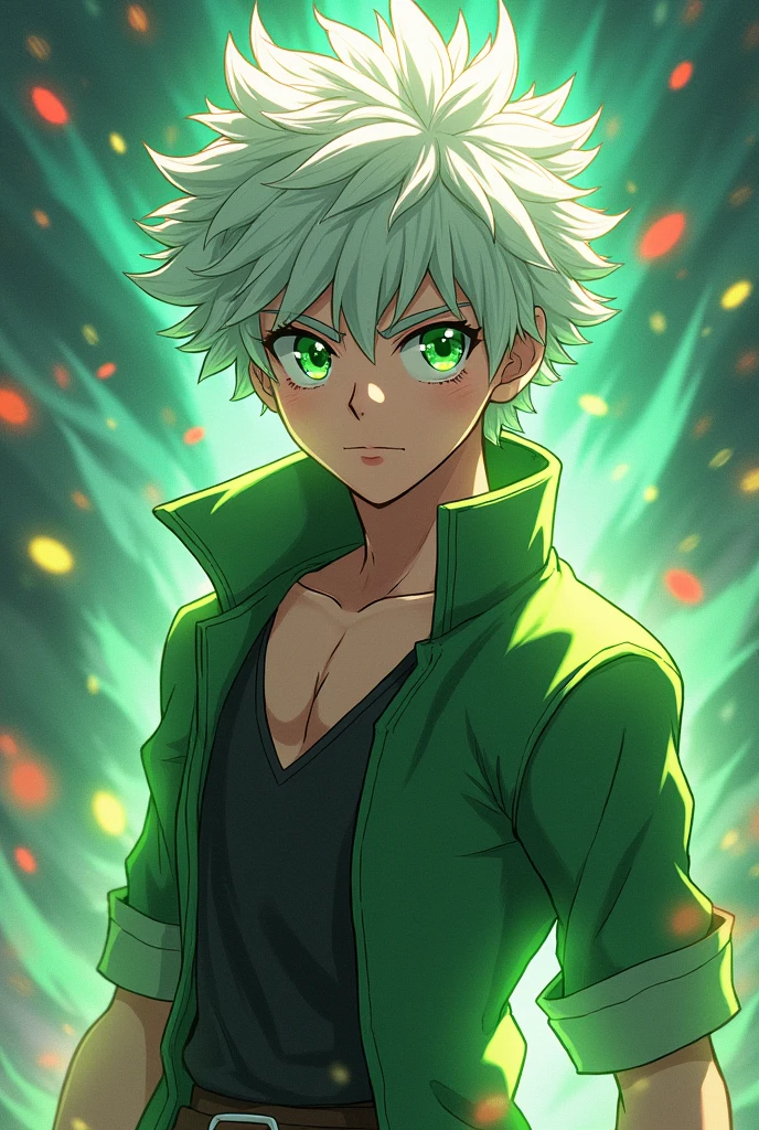 Izuku Midoriya with curly white hair and green eyes
