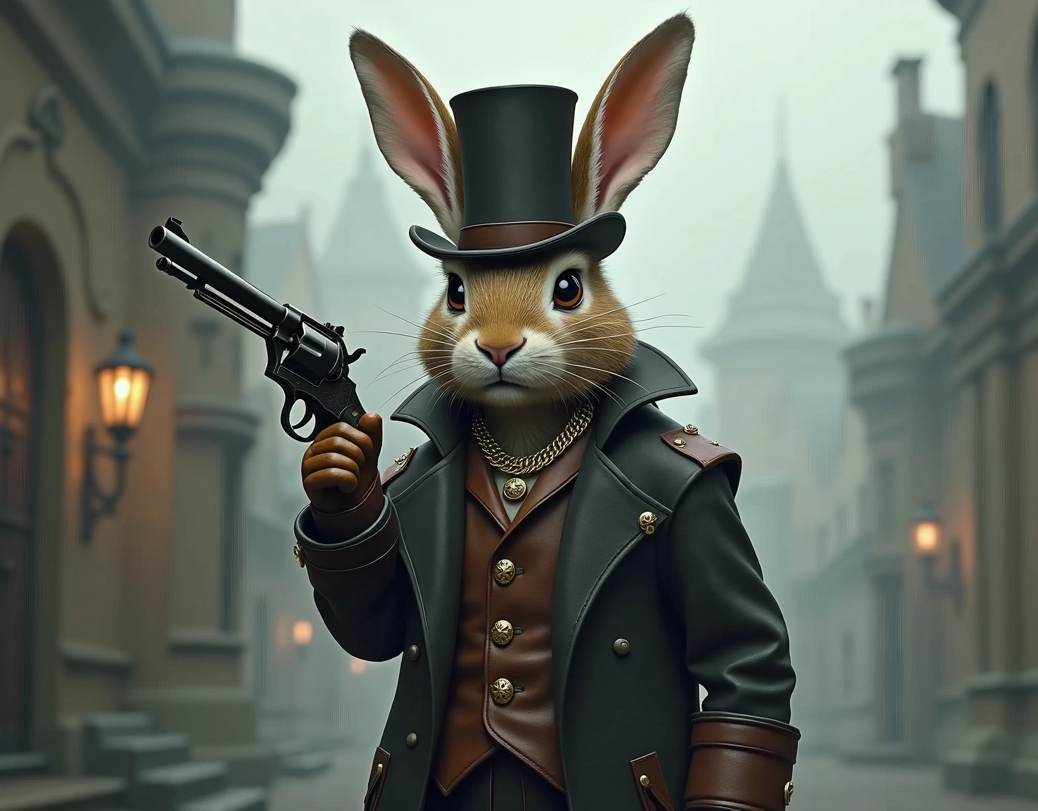 The image depicts a rabbit anthropomorphized with human-like features, dressed in a steampunk-inspired outfit. The character is standing in an environment that suggests a foggy, Victorian-era setting, possibly a steampunk-inspired fantasy world. The rabbit's attire includes a top hat, a long coat with leather accents and brass buttons, and gloves, all of which contribute to the steampunk aesthetic. The presence of the revolver adds a sense of adventure or danger to the scene. The overall impression is one of a character from a science fiction narrative, blending elements of fantasy and historical fashion.