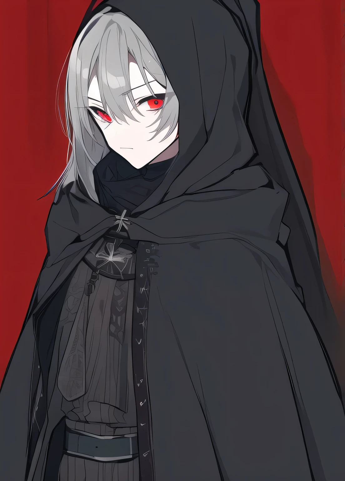 An assassin, male, Fantasy Characters, strong body, Wearing a veil covering her face and wearing a black medieval costume, Wearing a black hooded cape, Gray Hair, High Ponytail,Red Eyes, night background