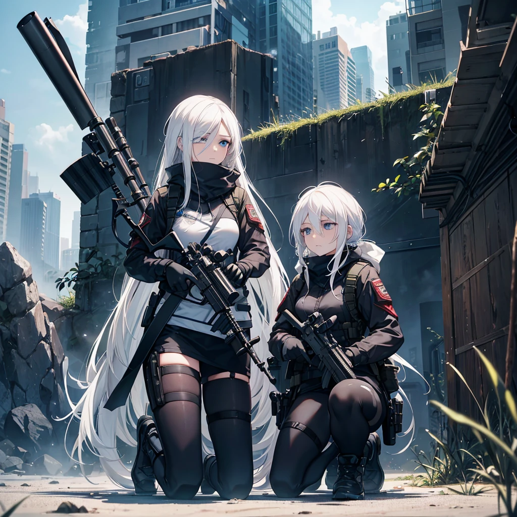 One woman,Sniper,One sniper rifle,Barrett M72,Very long barrel ((blue eyes,White Hair)) The woman is a survival game avatar,Playing a battle royale,Kneeling on one knee,Sniping,Close one eye,Aiming | Profile,The wind is blowing