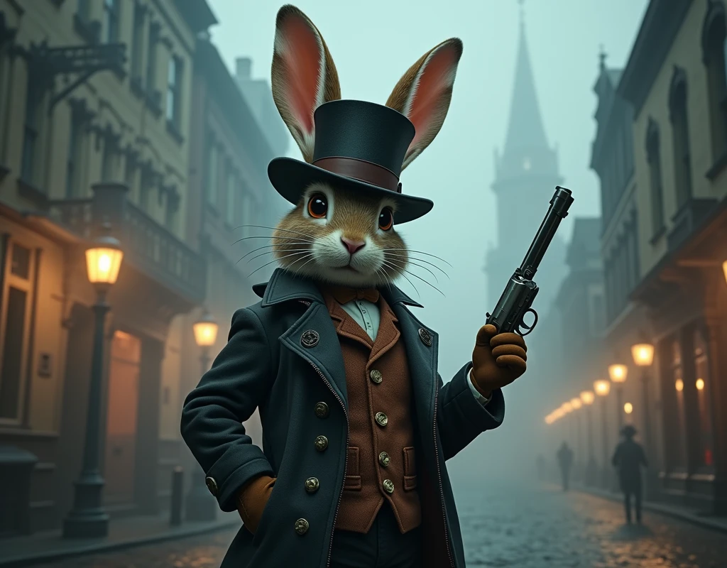 A foggy Victorian-era cityscape at dusk, with steam-powered contraptions and lanterns casting an eerie glow. A steampunk-attired rabbit, dressed in a top hat, long coat with leather accents and brass buttons, gloves, and holding a revolver, stands confidently amidst the misty atmosphere. The character's pose exudes a sense of adventure and danger, as if ready to take on any challenge in this fantasy world.