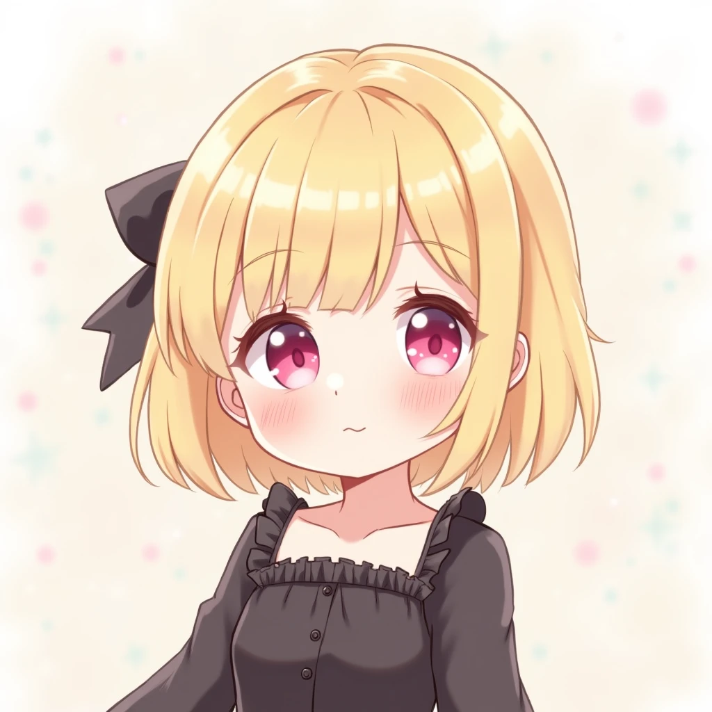 Blonde bob hairstyle
Anime style illustration！
Cute black outfit！Frills！
ふんわりとしたイラストにして
前髪はBangsで切りっぱなしボブで
目はぱっちりしている
おっぱいは小さめ
18歳くらい
ピンク色の目
メイクは少し濃く
リボン, Bangs, smile, 