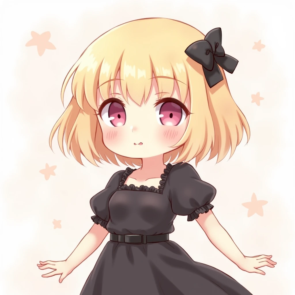 Blonde bob hairstyle
Anime style illustration！
Cute black outfit！Frills！
ふんわりとしたイラストにして
前髪はBangsで切りっぱなしボブで
目はぱっちりしている
おっぱいは小さめ
18歳くらい
ピンク色の目
メイクは少し濃く
リボン, Bangs, smile, 