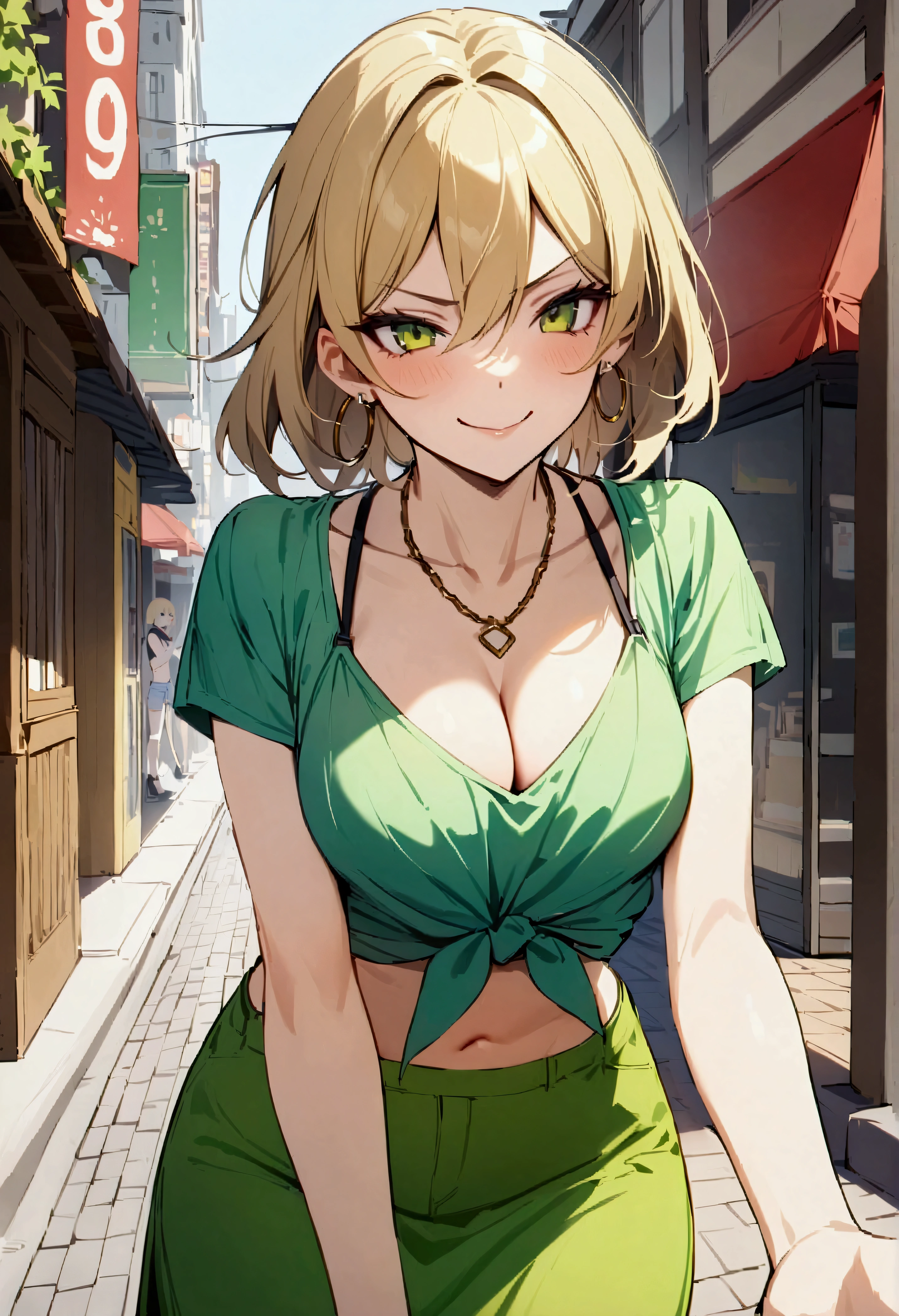 score_9, score_8_up, score_7_up, score_6_up, score_5_up, score_4_up, masterpiece, best quality, BREAK,
outdoor, city street, day, lean forward, smirk
honjou ranko, blonde hair, hoop earring, necklace, cleavage, tied shirt, purple bra, midriff, green skirt,