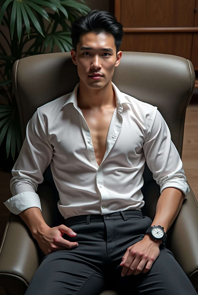 (best quality, highres, detailed:1.2), realistic, detailed face, 20-year-old handsome Vietnamese man in a black suit, strikingly clear, smiling, looking into the camera, shining eyes, perfect physique glistening with sweat, gel-covered, large penis ejaculating, artistic portrayal, vivid colors, professional photography, dark and moody lighting