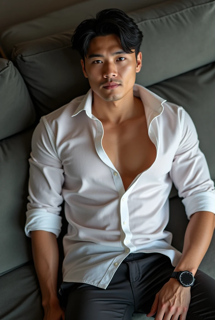 Asian man(korean,vietnamese,chinese,Japanese), 20 years old, Handsome and elegant,beardless, Wearing a  transparent shirt, sexy , Masculine and handsome，musculous，Muscles look good，hairy bodies, with fair skin,, Full body photo,(ultra-detailed, photorealistic, best quality, 4k, 8k, highres, masterpiece:1.3), charming  , (muscular build body), wearing tailored shiny  dress shirt, with the top button casually undone, perfectly fitted charcoal trousers, sweat, unbutton buttons shirt, lewd face ,tight chest, sex, erotic, horny,  Accessories include a luxury wristwatch , in crowded places,looking at viewer,muscle veins, sexy posing,lying on the ground,top view,Wet shirt reveals muscles,No underwear,lewd smile