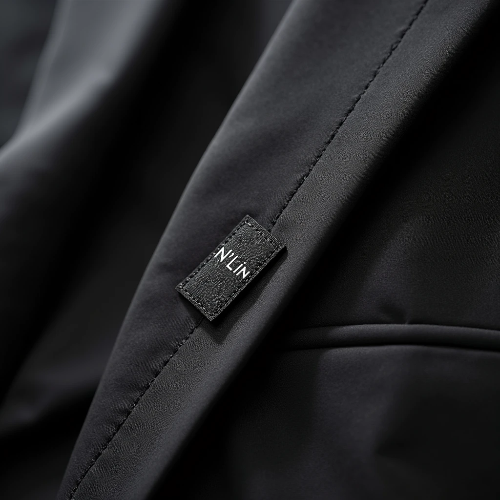 Create a close-up image of a section of a women's blazer made from the highest quality fabric. The fabric should have a luxurious and refined texture, reflecting the craftsmanship of high-end fashion brands. Ensure the image captures the fine details of the material, such as its smooth finish and subtle sheen. Include a small, elegantly designed N'Lin brand tag discreetly attached to the garment. The overall presentation should convey sophistication and premium quality, similar to the style of leading fashion brands like Chanel and Gucci. The lighting should highlight the fabric's texture and the brand tag clearly, showcasing the garment's attention to detail and luxury.