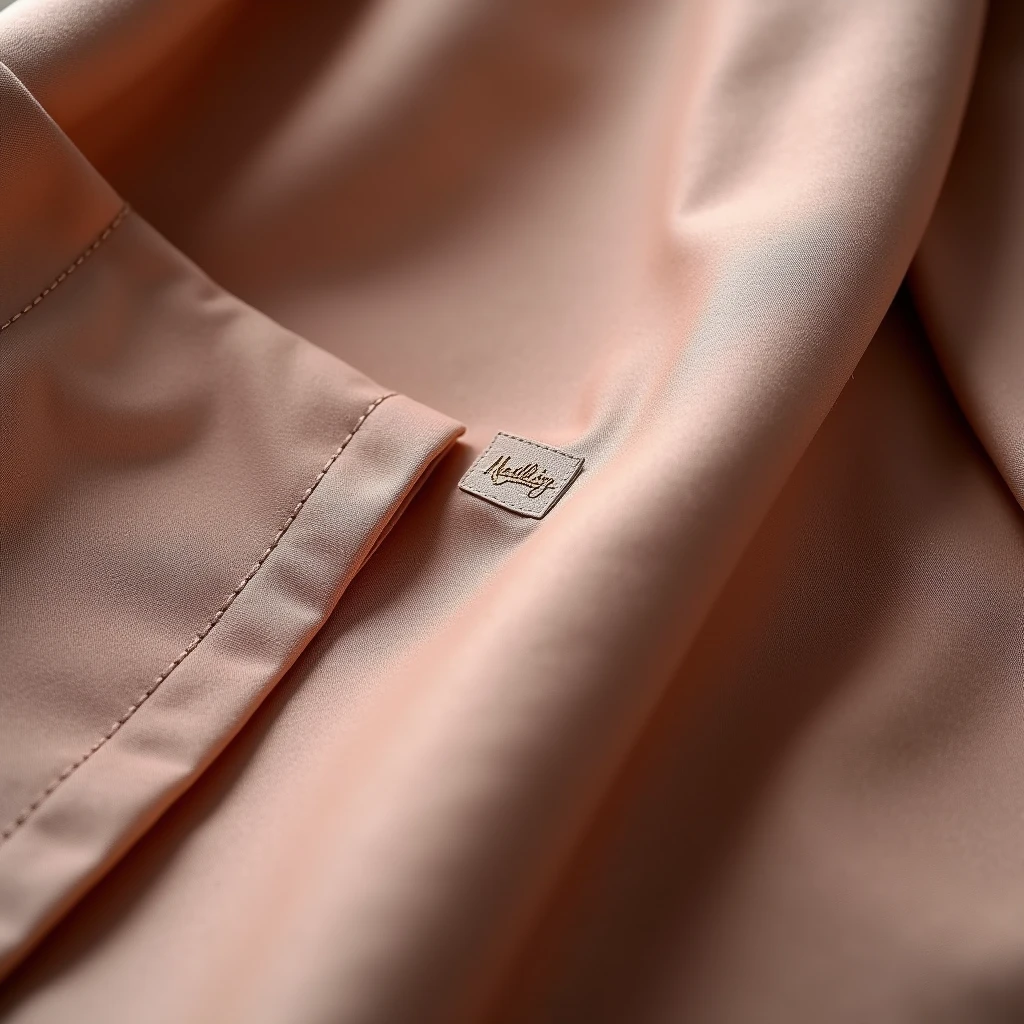 Create a close-up image of a section of a women's blazer made from the highest quality fabric. The fabric should have a luxurious and refined texture, reflecting the craftsmanship of high-end fashion brands. Ensure the image captures the fine details of the material, such as its smooth finish and subtle sheen. Include a small, elegantly designed N'Lin brand tag discreetly attached to the garment. The overall presentation should convey sophistication and premium quality, similar to the style of leading fashion brands like Chanel and Gucci. The lighting should highlight the fabric's texture and the brand tag clearly, showcasing the garment's attention to detail and luxury.