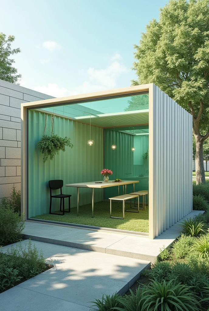 Algae-Powered Shed for school a roof with glass inside is algae and a table and chairs charging point and etc