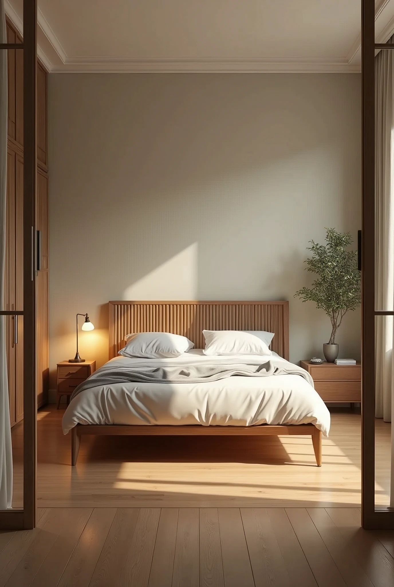 Bedroom with slatted headboard and brown nightstand