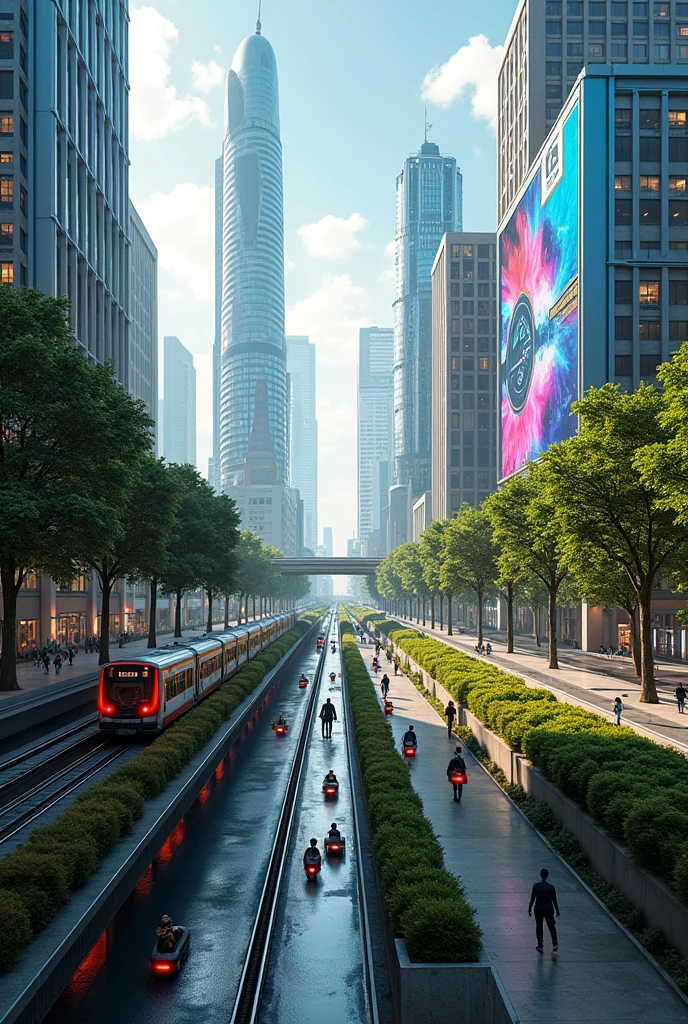 go figure "Bogota" like an ultra-futuristic city with a vibrant blend of modernity and nature. Platforms and roads are wide and fluid, designed to facilitate the efficient transit of vehicles and pedestrians. Throughout these spaces, lush green areas are found, with tall trees and flowering shrubs that bring color and freshness to the urban environment.
The city's architecture is inspired by the iconic Big Apple and Times Square. Skyscrapers stand imposingly, with glass and metal facades that reflect neon lights and digital ads, creating a vibrant and dynamic atmosphere. Giant screens on buildings display constantly changing digital art and advertising, adding energy and color to the streets.
Buildings have innovative shapes, with architectural designs that challenge traditional conventions, and the use of sustainable technologies is evident throughout the city. Pedestrian areas are designed to be pleasant and accessible, with paved paths surrounded by greenery and outdoor rest areas.
Modes of transportation include trains and autonomous vehicles that effortlessly navigate the wide roads, while public transportation systems are fast and efficient. The combination of advanced technology and natural elements creates an urban environment that is both futuristic and welcoming.