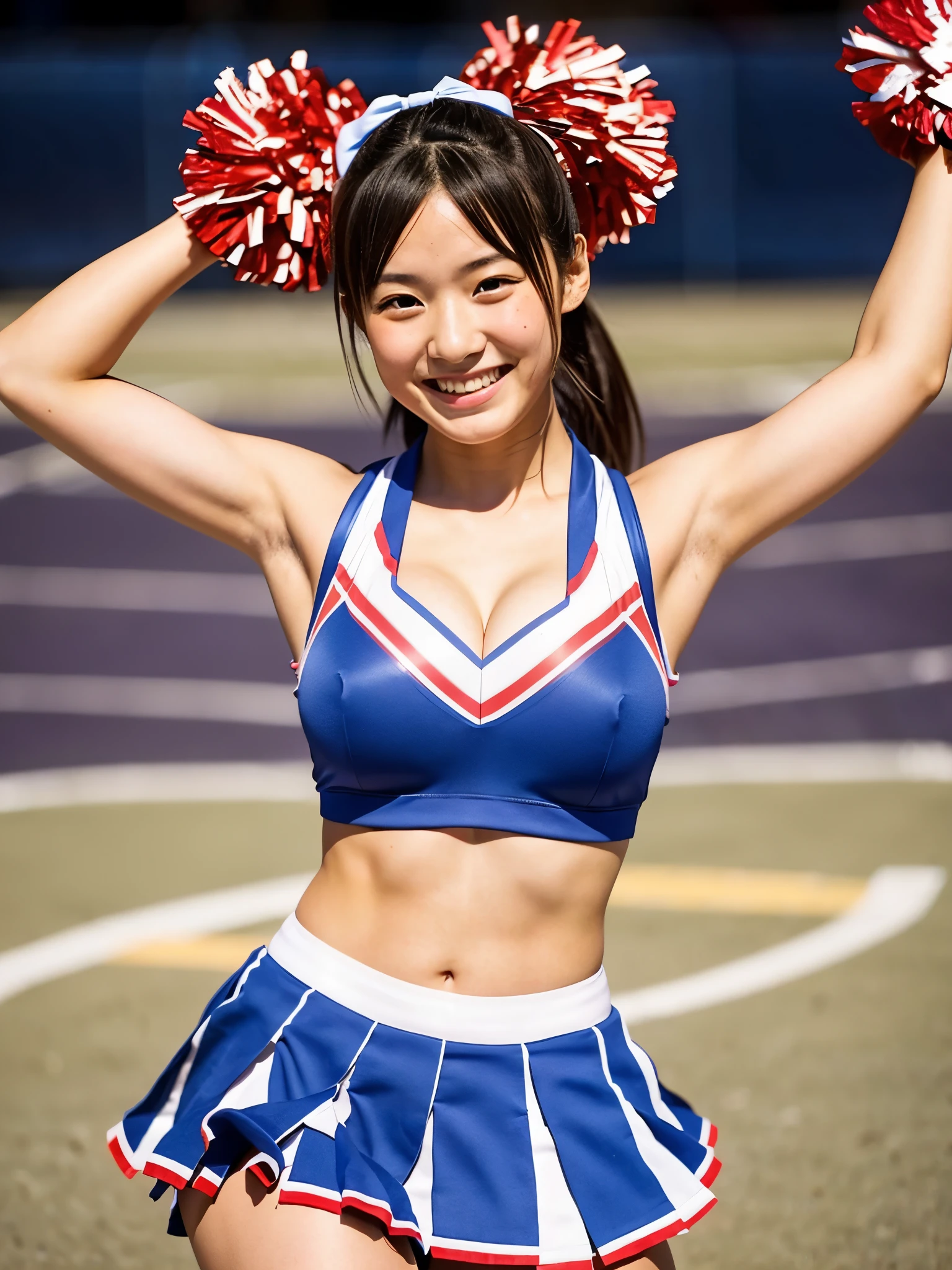 A very cute face like an idol、A 20-year-old woman who looks young、Smiling Kindly、Wearing a yukata、((Yukata designed for cheerleaders))、Cleavage、((Thighs are visible))、Natural light、(whole body)、Artistry、Highest quality、