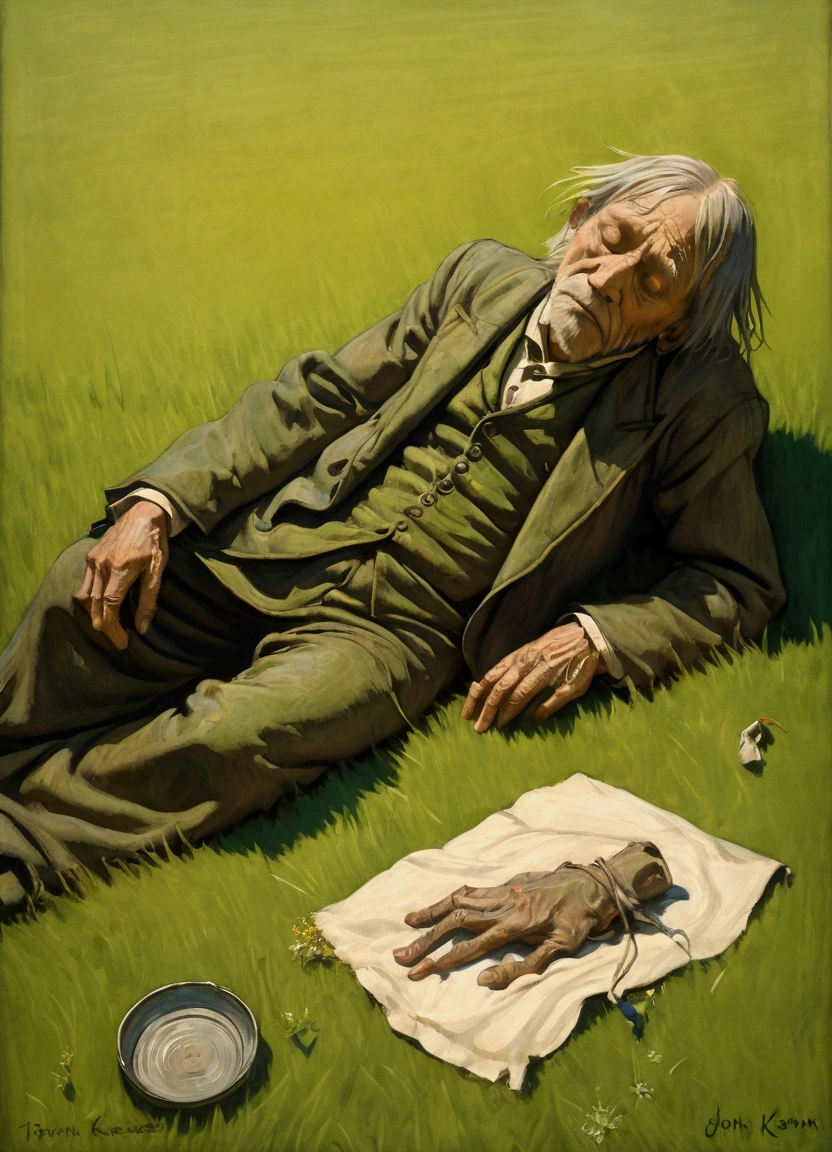 a tattered beggar lying on the grass, impressionist painting style, detailed wrinkles, dirty clothes, begging pose, lush green grass, warm sunlight, soft focus, (Inspiration comes from: John Kenn Mortensen), vibrant colors, loose brushstrokes, textured canvas, high detail, masterpiece