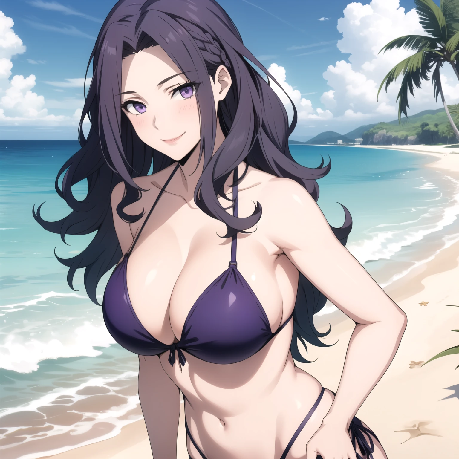women, 30 year old woman, blue wavy haired subject, free hair, violet eyes like , smile, blush, naked big breasts, violet bikini with , background a tropical beach.