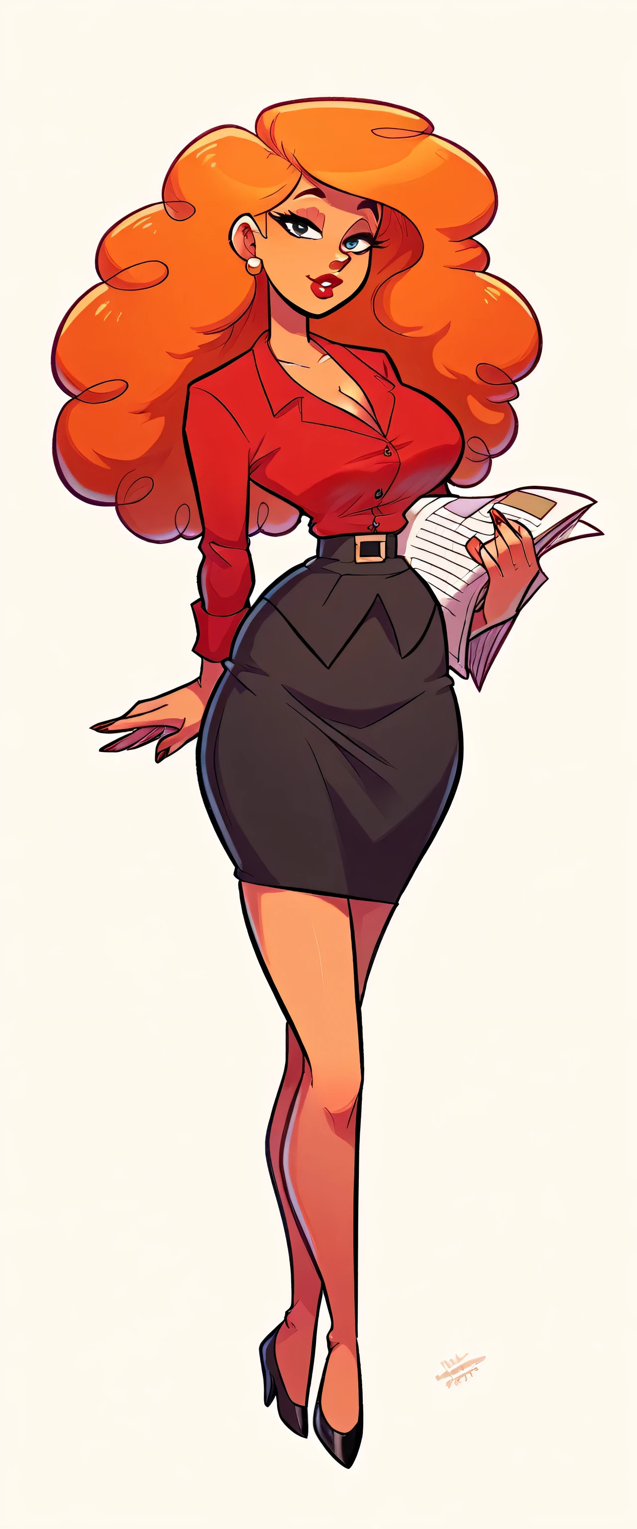 a cartoon drawing of a woman in a red shirt and black skirt, hand on hips, widest hips, accentuated hips, pinup body, comic pinup style, large hips, pinup, wide hips, with a red skirt, hand on hip, hands on hips, outlined!!!, thick outline, colored screentone, middle shot waist up, digitally colored
