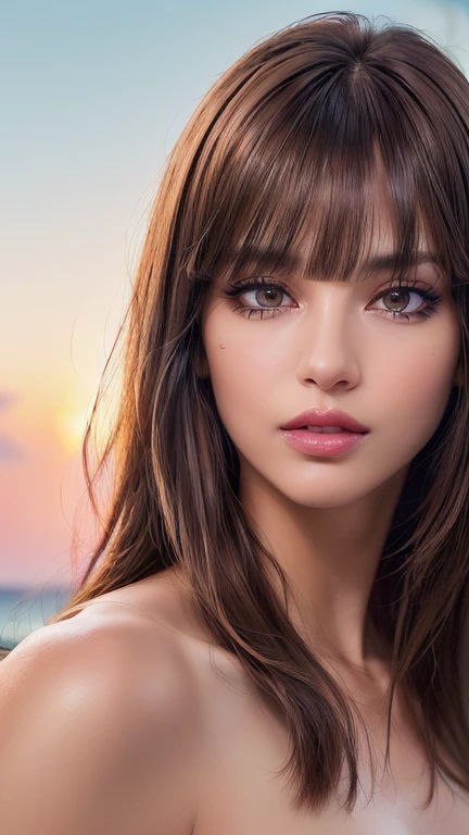 Draw a picture, (photorealistic:1.4), (hyperrealistic:1.4), (realistic:1.3), (smoother ((tropical sunset)) lighting:1.05), (increase Fujicolor quality:0.9), (absurd: 1.3), (best quality), (ultra sharp), RAW photo of (phenomenal model, 24 years old), (ultra detailed, ultra realistic, hyper realistic, 8K, ultra highres:1.2), realistic lighting, backlighting, light on face, ray trace, (brightening light:1.2), (Increase quality:1.4), (best quality real texture skin:1.4), finely detailed eyes, finely detailed face, finely quality eyes, (Brown) [sparkling eyes], [long eyelashes], Double eyelids, (looking at viewer), slim, well-muscled body, medium ass, very detailed hair, (( (light) brown short ((side bangs)), extremely detailed)), (Increase skin texture beauty:1.1), (light makeup, [pink lipstick], eyeliner:1.2)