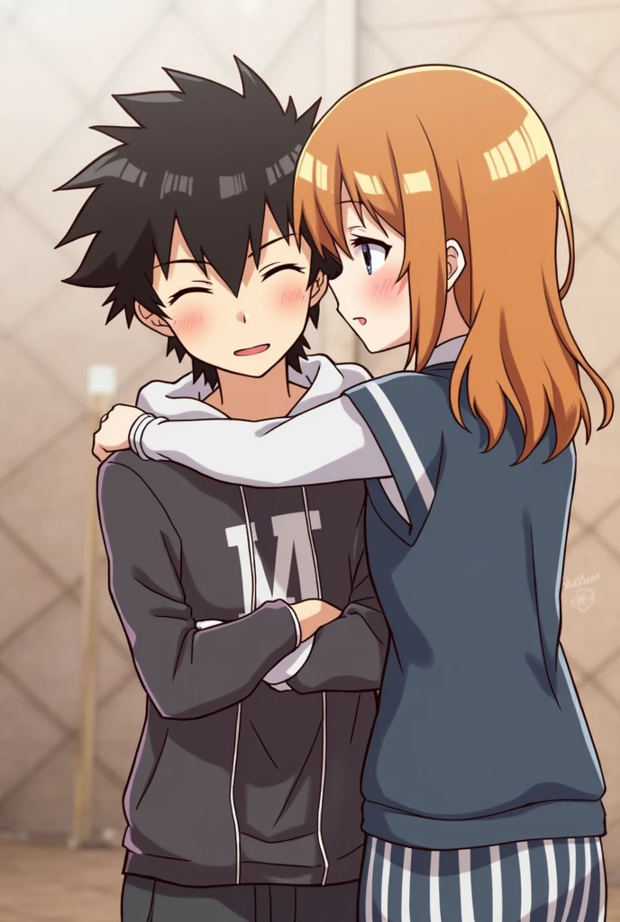 Draw a chibi girl with brown hair and brown eyes.She is hugging a boy.That boy's hair color is purple and his eyes color are brown.Draw this boy in chibi too.That boy is 17 and the girl is 13.They are both crying in pain hugging each other.