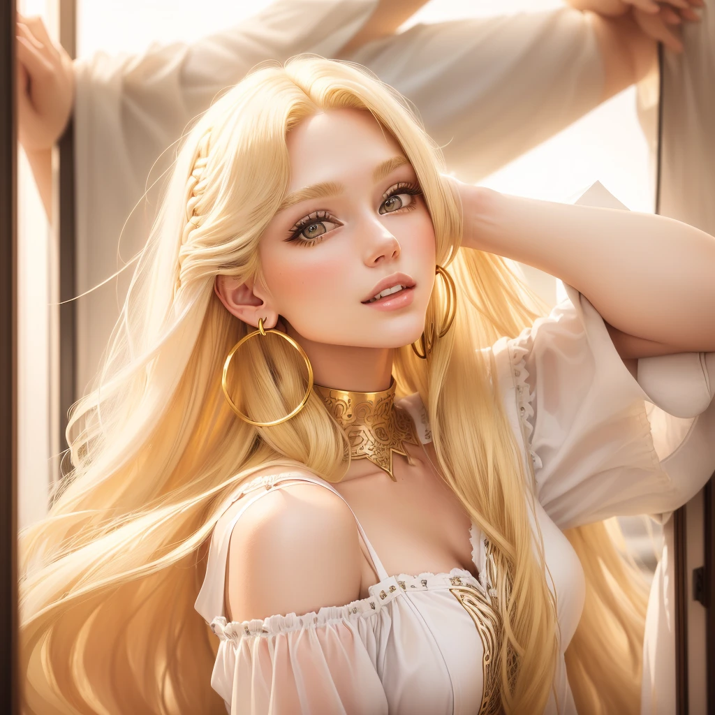 blond woman with long hair and big hoop earrings posing for a picture, beautiful blonde girl, perfect white haired girl, a gorgeous blonde, a girl with blonde hair, blonde girl, she is about , hot girl, 18 years old, beautiful blonde hair, beautiful young girl, blonde hair and large eyes, beautiful pretty young, blonde goddess