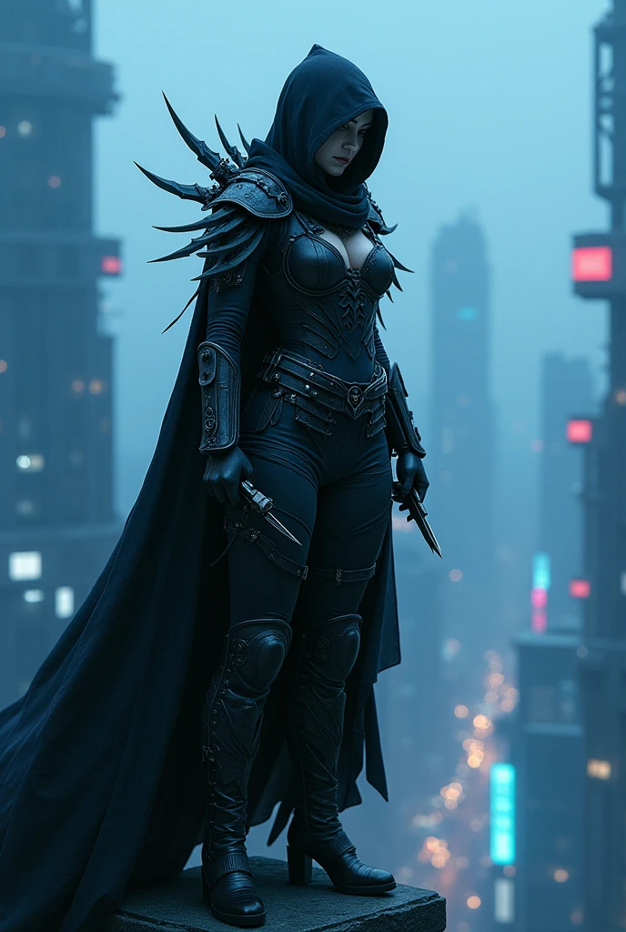 Une femme vampire gothique assassin avec des rondeur et tenue de ninja terrifiante remplit de couteau avec des bottes et pantalon en cuir et flechettes et capuche sur la tête foulard au cou avec une cuirasse imposante et des ceintures tout autour remplit de lames tranchante sur sa poitrine poser sur une tour la nuit dans une ville de technologie en bleue