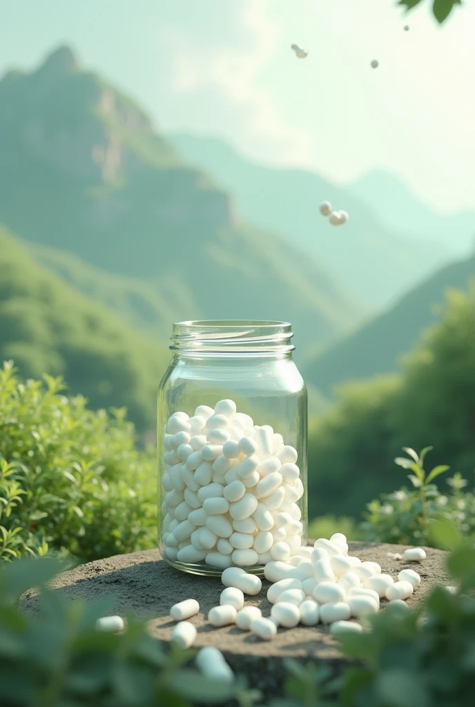 Glass jar with white capsules that dissolve and a nature vibe background