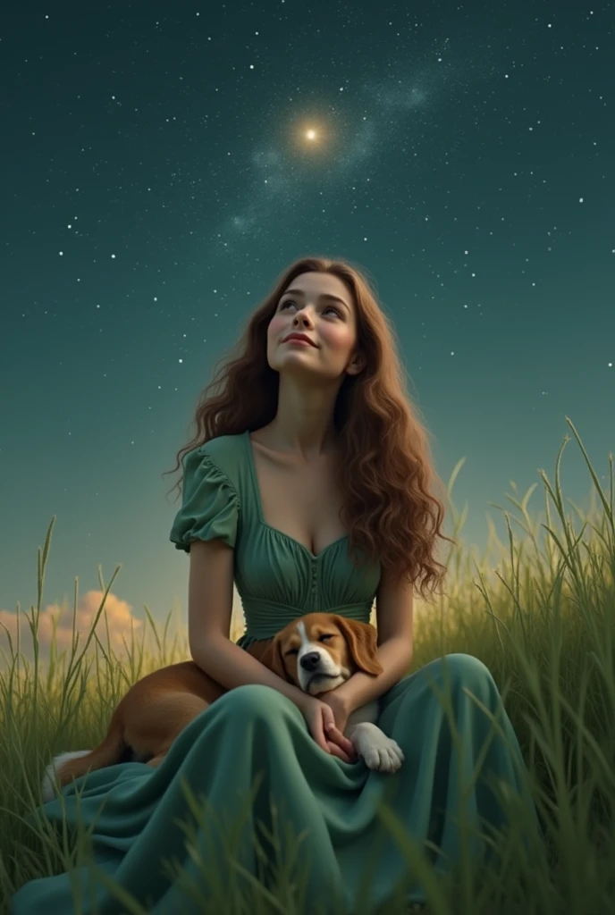 Create a realistic image of a white woman with very curly hair, brown and long and messy. She is wearing a delicate green dress with a floral print.. She is sitting looking at the sky with a dog sleeping in her lap.. the woman is looking at the galaxies. She has a happy expression on her face