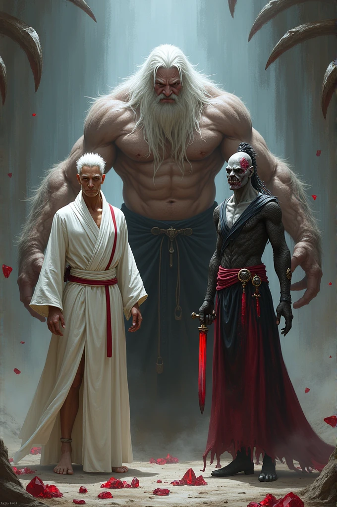 Create a group of people, a man with white hair and red stripes , wearing white clothes and powers a man with gray skin and a scar, with fangs, and he will have dark clothes, with ruby crystals on his body, he will have two red daggers , and a super large humanoid with claws and hairless.