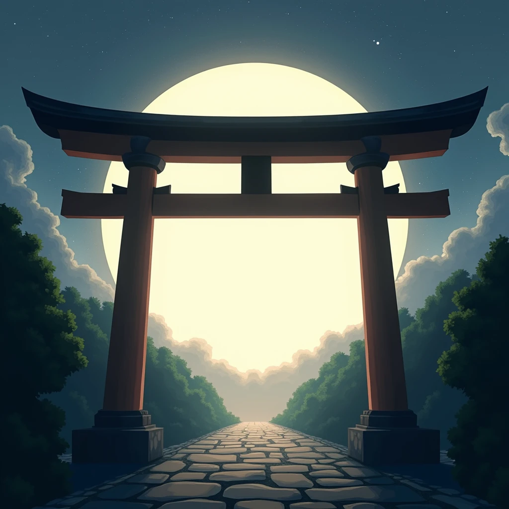 There is a large circle of light in the background of the shrine's torii gate、A large amount of light is being emitted from the center of that circle