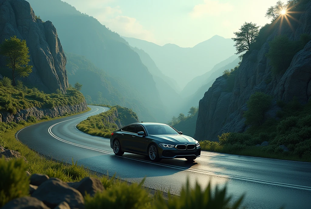 a detailed photorealistic diorama of a car on winding mountain roads, dramatic lighting, highly detailed vehicles, dynamic camera angle, atmospheric fog, lush greenery, rocky cliffs, cinematic composition