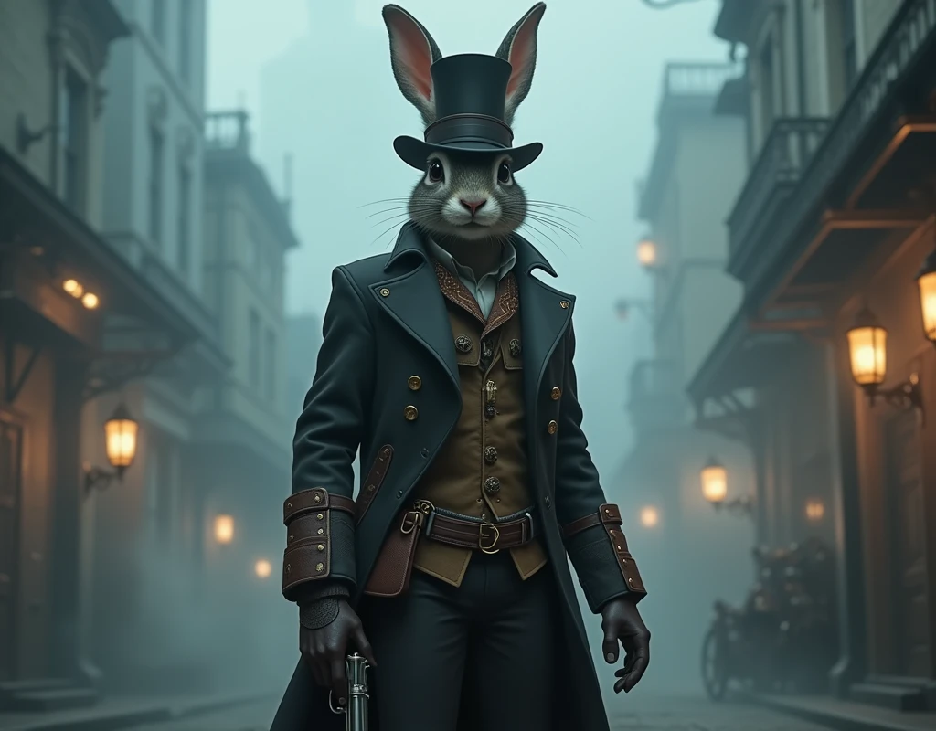 A foggy Victorian-era cityscape at dusk, with steam-powered contraptions and lanterns casting an eerie glow. A steampunk-attired rabbit, dressed in a top hat, long coat with leather accents and brass buttons, gloves, and holding a revolver, stands confidently amidst the misty atmosphere. The character's pose exudes a sense of adventure and danger, as if ready to take on any challenge in this fantasy world.