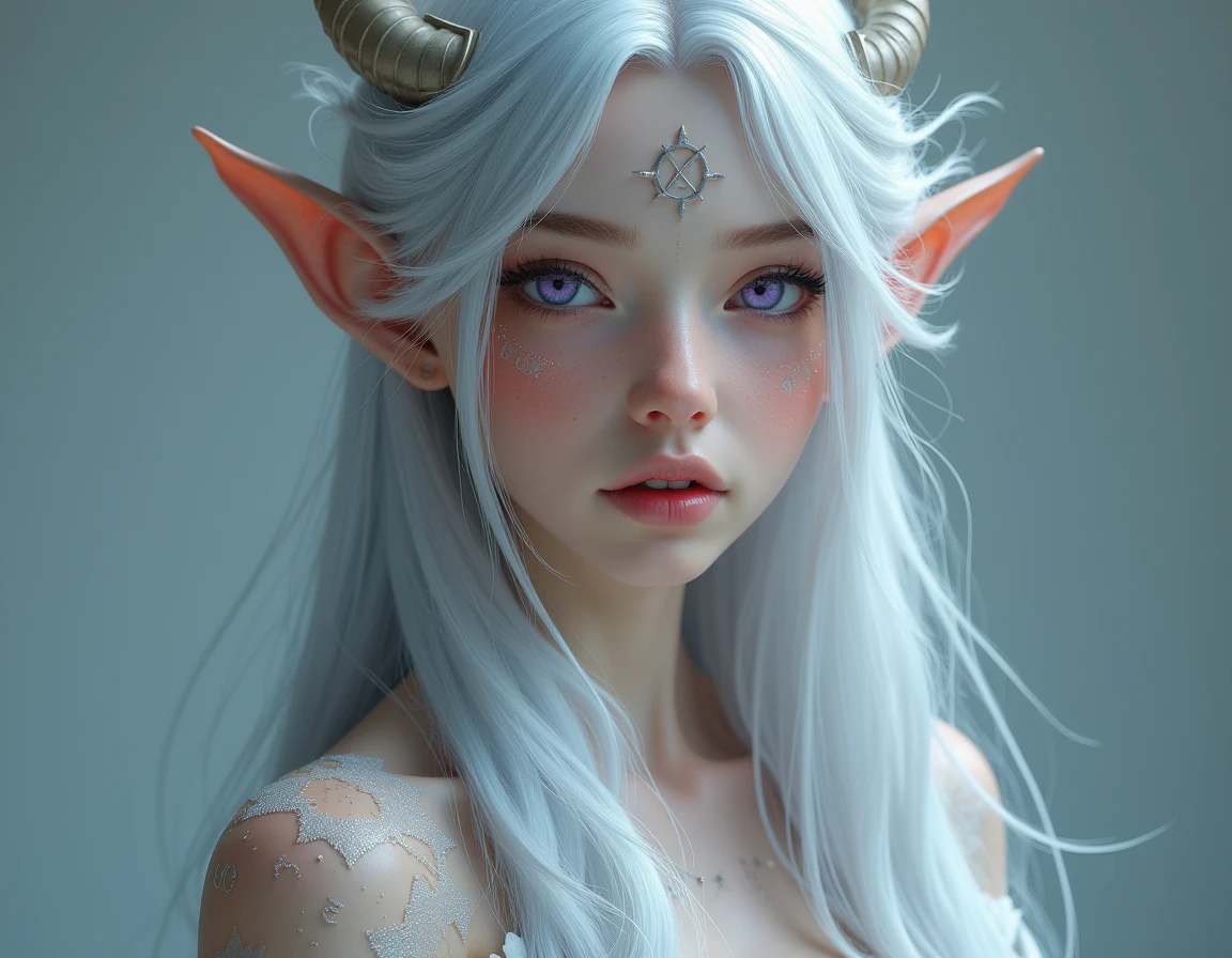 Girl with gray hair, Portrait Of Girl, Druid, with large deer antlers on the head, (A complete overview of the horns), long straight hair, ((slim physique)),8k high quality detailed art, ((perfect anatomy)), work of art, gorgeous digital painting, stunning digital illustration, (Body symmetry:1.2), Upper torso. NSFW. gray background.