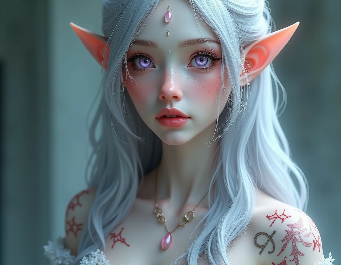 Design me an image of a woman from a fantasy world,, with a smooth texture and porcelain-like tones, but with soft eyes in violet hues and long, silky silver hair., straight nose, who has rune tattoos, with clothes, add some unique characteristics to distinguish them from humans, Add something more fantastical