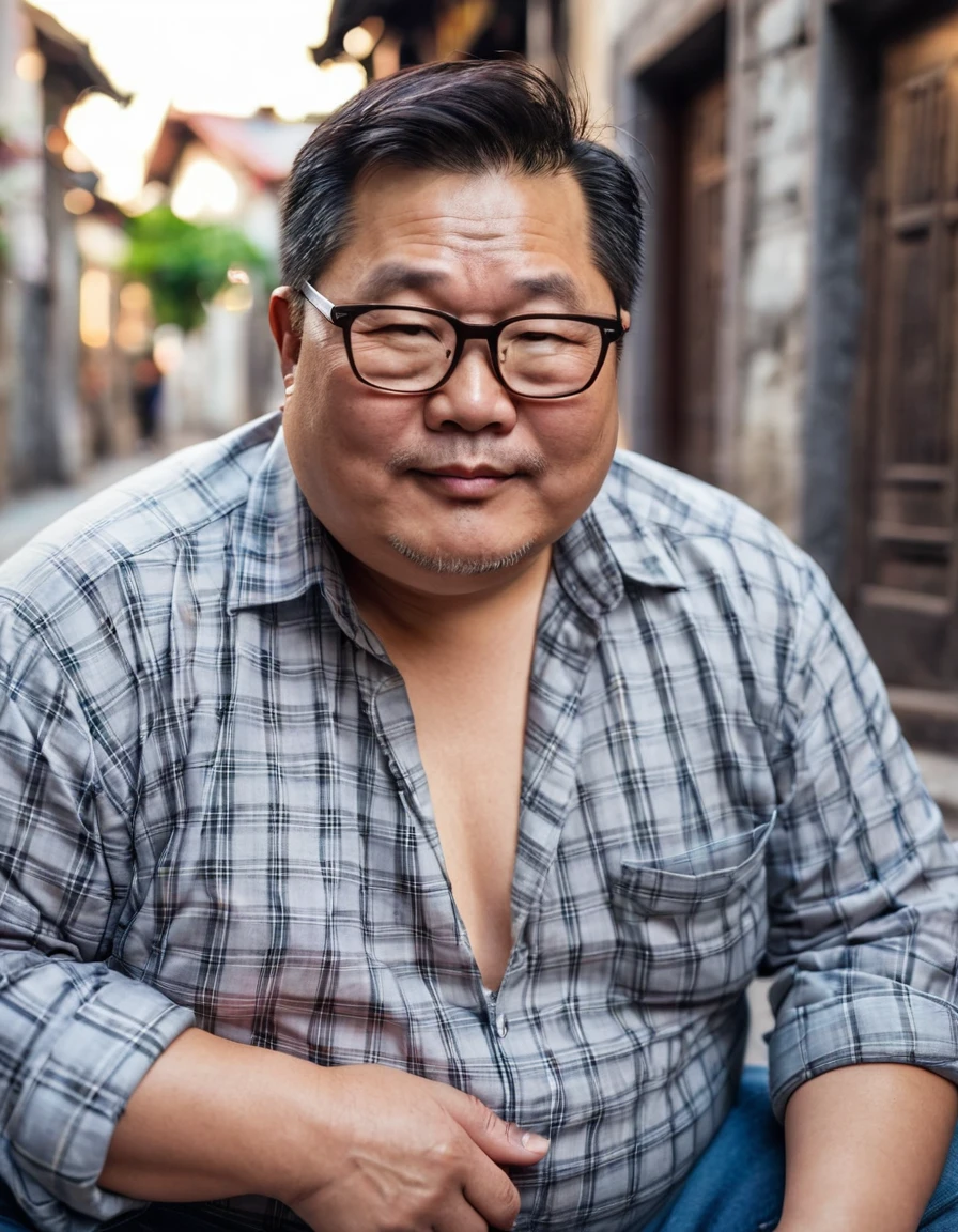 Man, Asian, 50 years old, Fat, Chubby, wearing glasses,( Put on a thin, light grey plaid shirt, Unbuttoned the shirt ), Shirtless, wearing Jeans, in the old town, Sitting, top view, beautiful lighting.