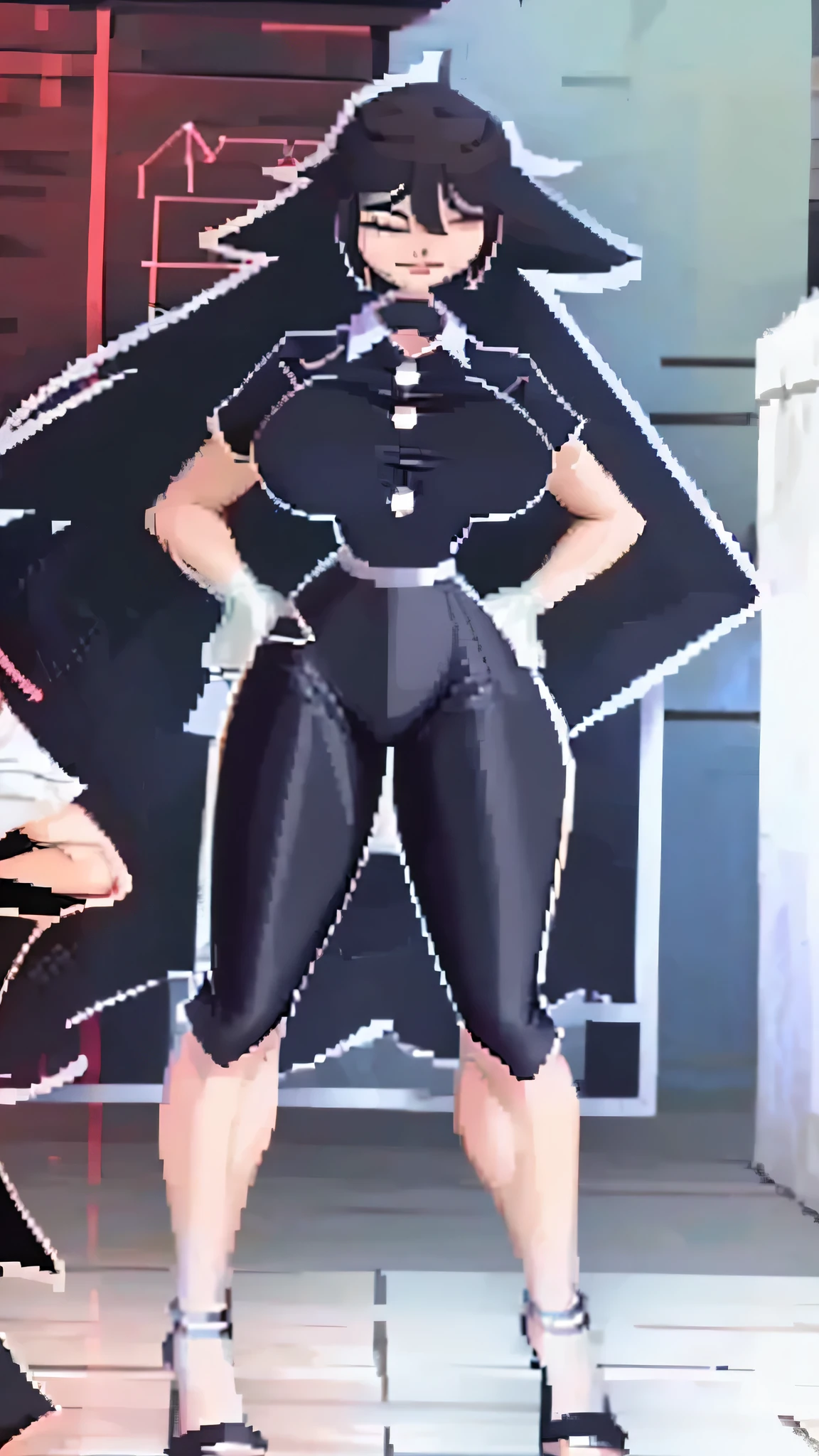 a tall beautiful girl with big breasts, cute and sexy, wavy black hair, disheveled, her brown eyes and black lips are dressed in a black button-down shirt and tight white pants, big thighs, sensual, black heels, hand, compass, tweezers