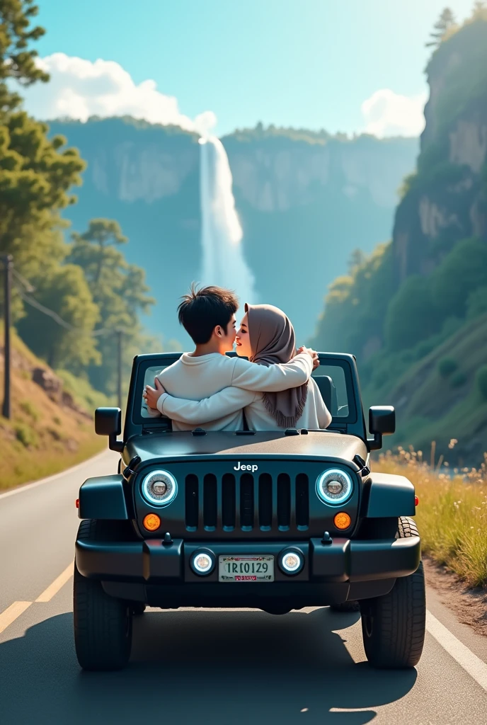 a Korean couple, a beautiful woman wearing a hijab and a Korean young man with thin, neat hair.wearing a white Mickey Mouse sweater.sitting in a black Jeep car with low profile gold and blue neon rims.hugging a beautiful Muslim woman in similar clothing, set against a village road on a sunny day with a towering waterfall in the background.Bright lighting with a blue sky