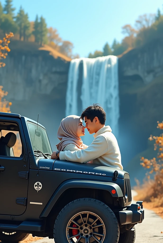 a Korean couple, a beautiful woman wearing a hijab and a Korean young man with thin, neat hair.wearing a white Mickey Mouse sweater.sitting in a black Jeep car with low profile gold and blue neon rims.hugging a beautiful Muslim woman in similar clothing, set against a village road on a sunny day with a towering waterfall in the background.Bright lighting with a blue sky