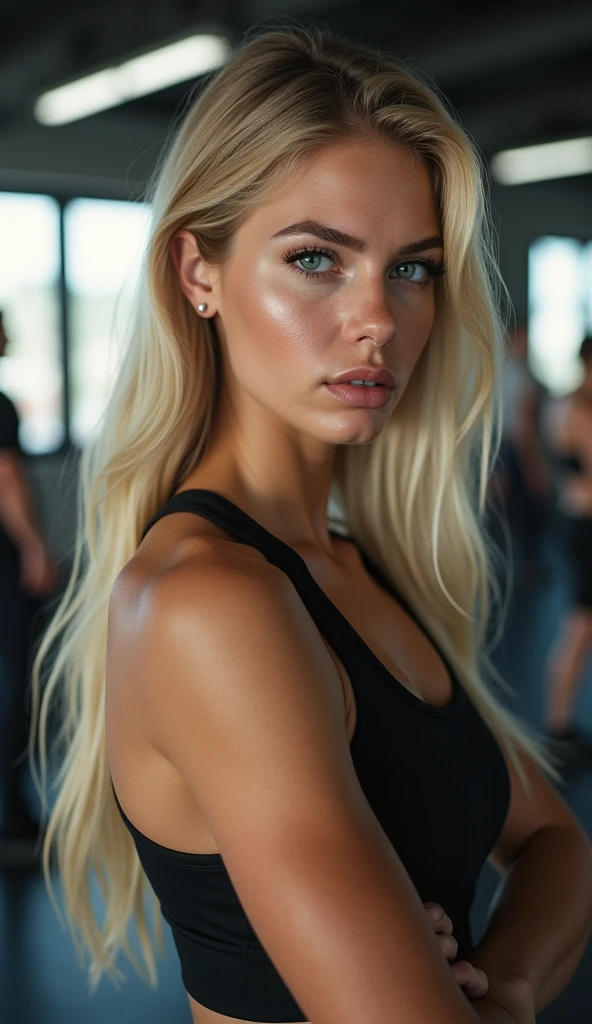(Realistic photography in a club), (Average full-length shot), (Three women do fitness in the gym)dress, common face, Plus-size model, (a plump body: 1.1), big breastes, pale skin, detailed long blond hair, Rich make-up, (Realistic shiny skin), tmasterpiece, beste-Qualit, High resolution scan, (фото Canon 5d, ZEISS 50 mm lens), hourglass proportions, (8K UHD, HDR, Depth of field ), (professional colour grading), sharp-focus, edge lighting, low lighting, duotone lighting, A dark,