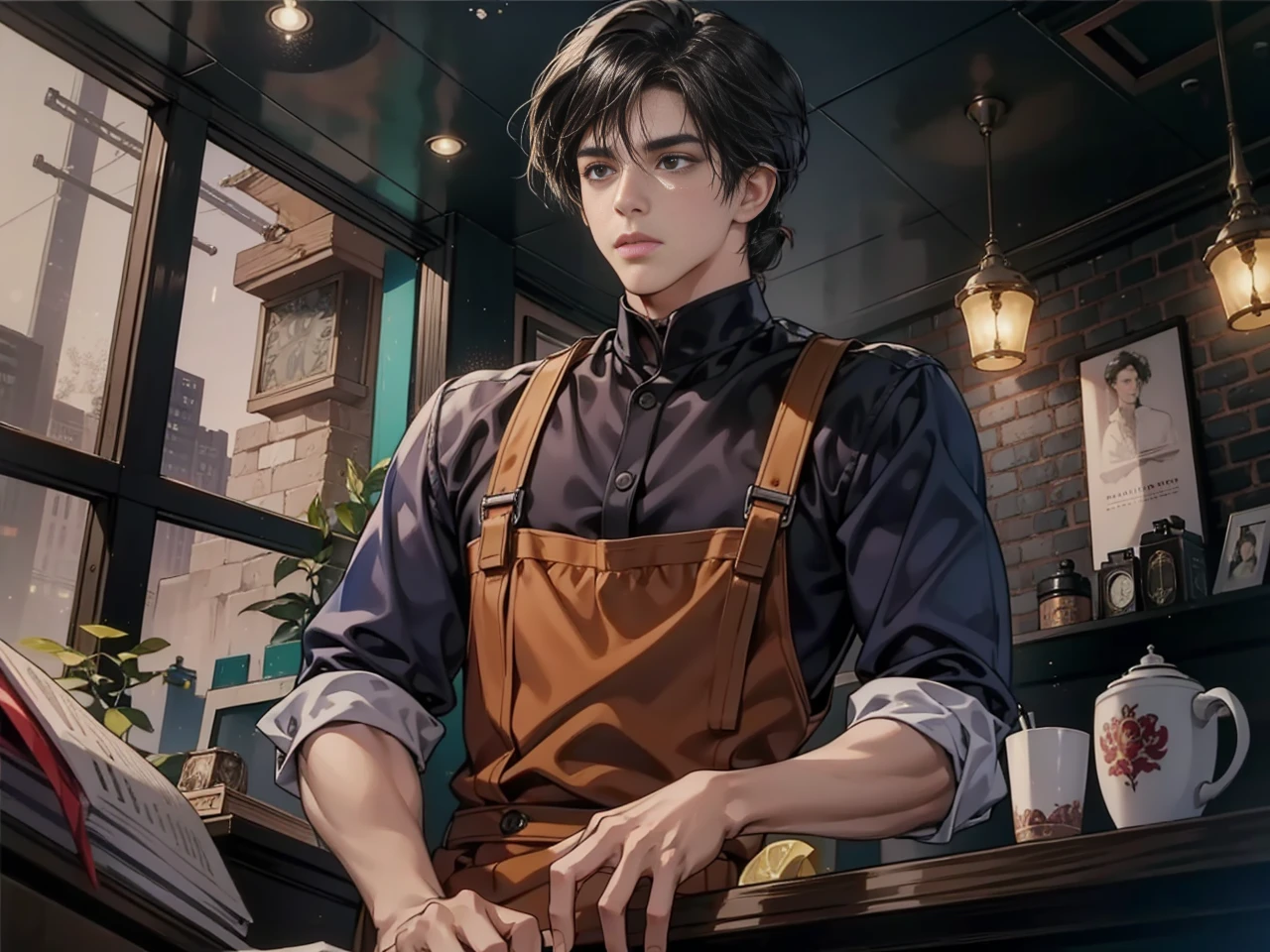Masterpiece, high quality, best quality, 3D HD, realistic, perfect lighting, detailed body, 1 man, black Slicked Back hairstyle, set background.