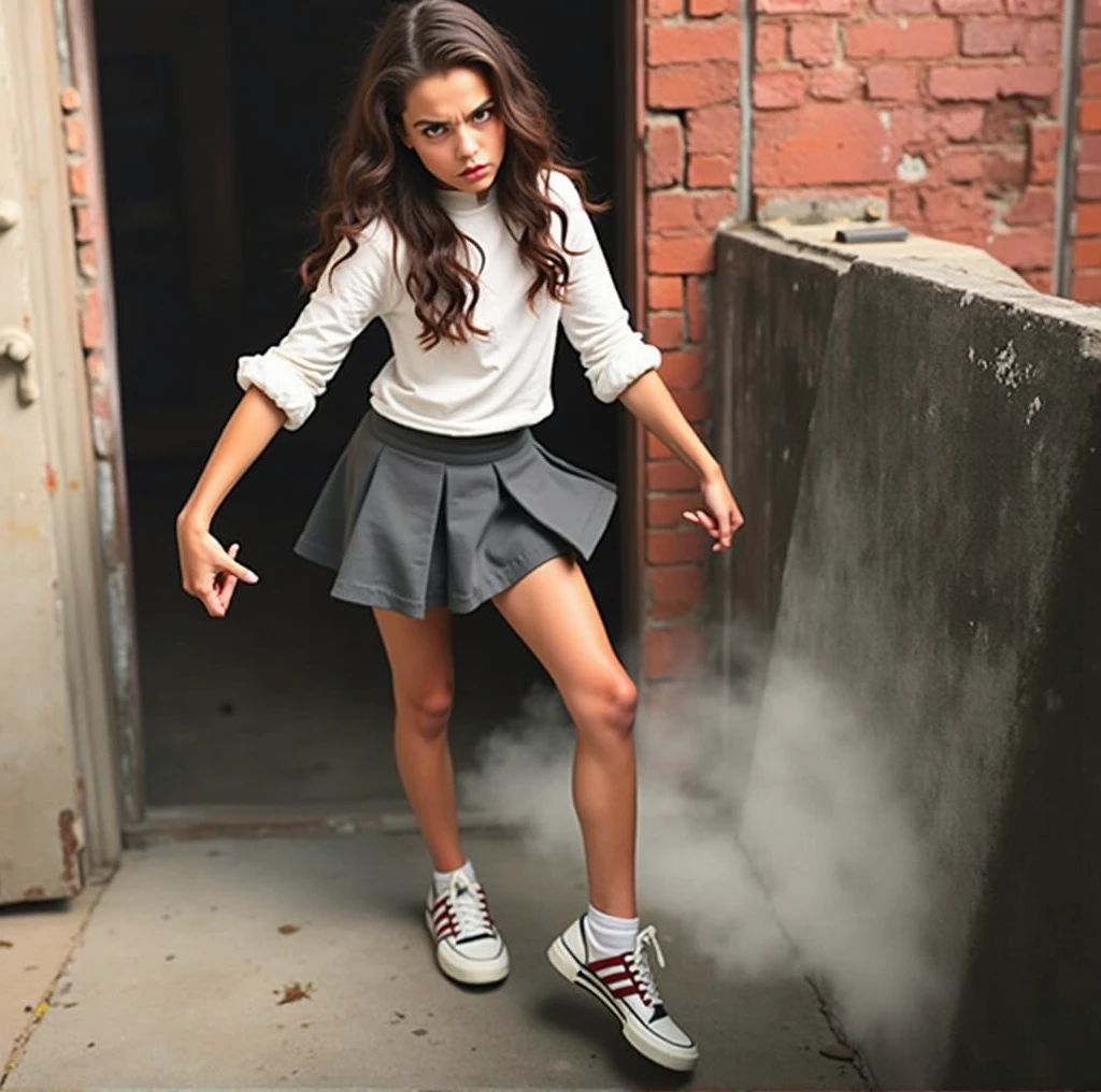 a girl flipping the bird,middle finger raised at camera,angry expression,confrontational pose,black outfit,dark background,moody lighting,dramatic composition,cinematic quality,hyper-realistic,extremely detailed,photorealistic,8k,masterpiece