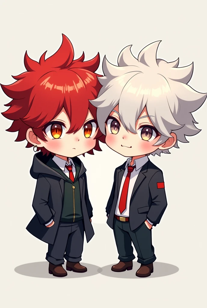 Create a chibi couple of two male characters with a unique color-blocking style, where the coloring blends multiple shades in a captivating way. The first male character has red hair, and the second one has white hair, with each color section harmonizing beautifully to create an eye-catching effect.