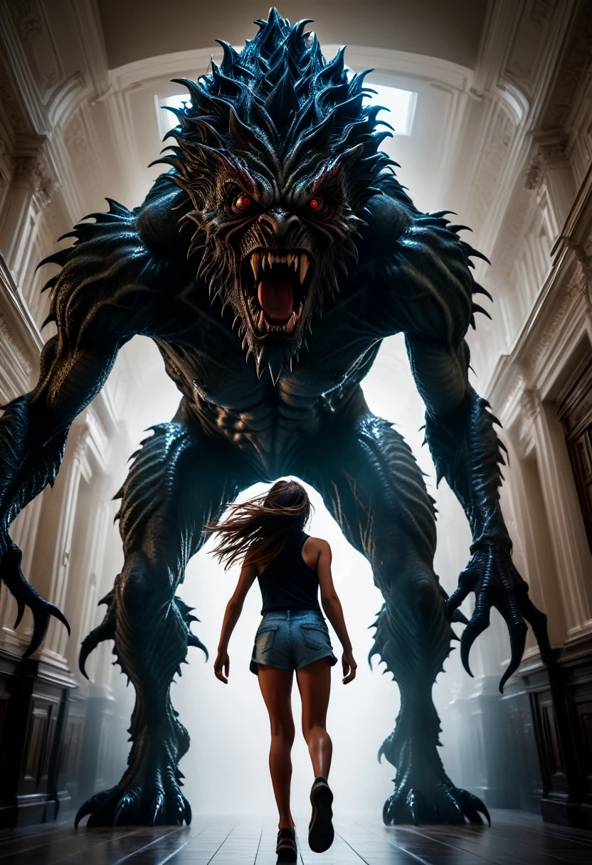 1girl, tall girl chased by a monster, super detailed, intricate, extreme quality photoshot, DSLR, UHD, 8k, dramatic light, dramatic exposure, ambient, front view, low angle shot