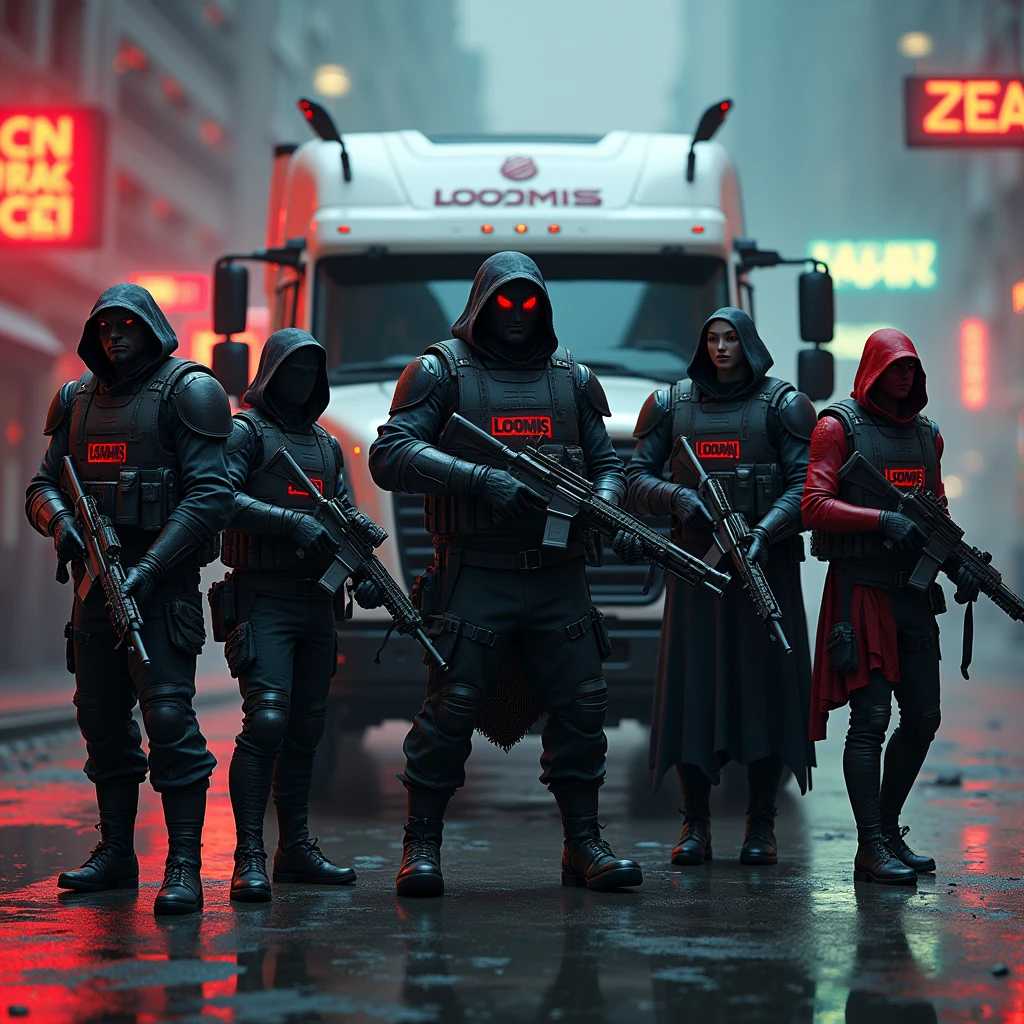 A heavily armored ((vampire spawn)), clad in a modern tactical vest with the word "LOOMIS" emblazoned across the chest, his pale skin contrasting against the black vest as he wields a high-powered rifle with glowing red accents. Next to him, an ((elf wizard)) in a slim, high-tech armored vest also labeled "LOOMIS," holding a sleek, modern tablet connected to a network of magical and technological systems. A ((orc warrior)), wearing a reinforced, heavy-duty tactical vest with "LOOMIS" on the front, grips a modified shotgun designed for maximum impact, his muscular frame and green skin making him an imposing figure. A ((a red skin Tiefling rogue)), dressed in a lightweight, flexible armored vest with "LOOMIS" in red letters, holds dual silenced pistols, her tail flicking as she surveys the area with sharp, calculating eyes. Lastly, a dragonborn Drow, in a custom-fit armored vest with "LOOMIS" prominently displayed, wields a modern assault rifle with attached medical supplies, his scales shimmering under the neon lights. They are positioned around a pristine white armored truck with the name "LOOMIS" in bold red letters, ready for cash pick-up and delivery in a fantasy Baldur's Gate 3 style atmosphere. The scene is filled with modern, highly detailed armor, realistic weapons, glowing neon lights, and a rich color palette. Dramatic lighting casts dynamic shadows, captured from a low-angle, cinematic composition. ((best quality, 8k, hyper realistic, photorealistic, cinematic, ultra-detailed, extremely detailed:1.2))