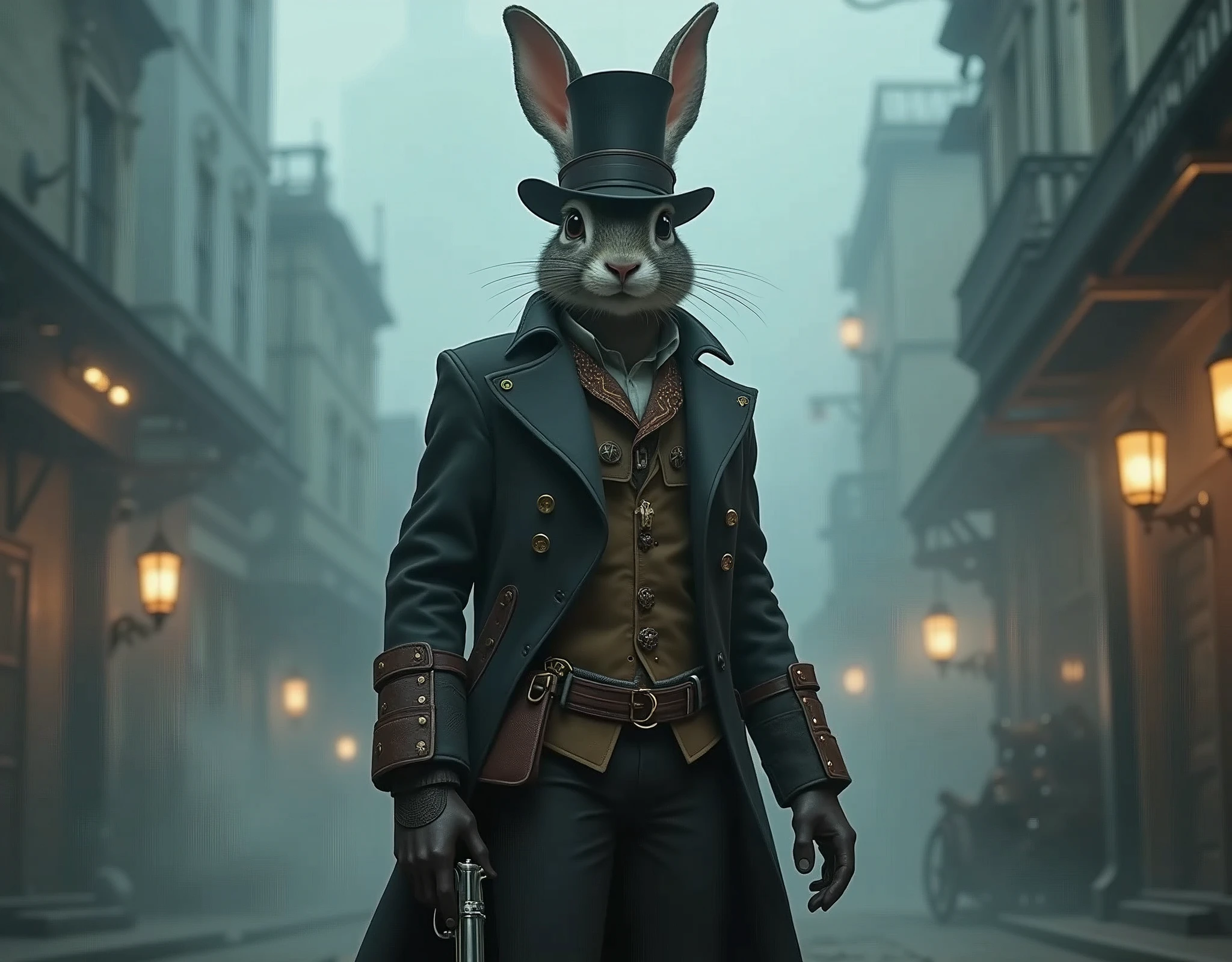 A foggy Victorian-era cityscape at dusk, with steam-powered contraptions and lanterns casting an eerie glow. A steampunk-attired rabbit, dressed in a top hat, long coat with leather accents and brass buttons, gloves, and holding a revolver, stands confidently amidst the misty atmosphere. The character's pose exudes a sense of adventure and danger, as if ready to take on any challenge in this fantasy world.