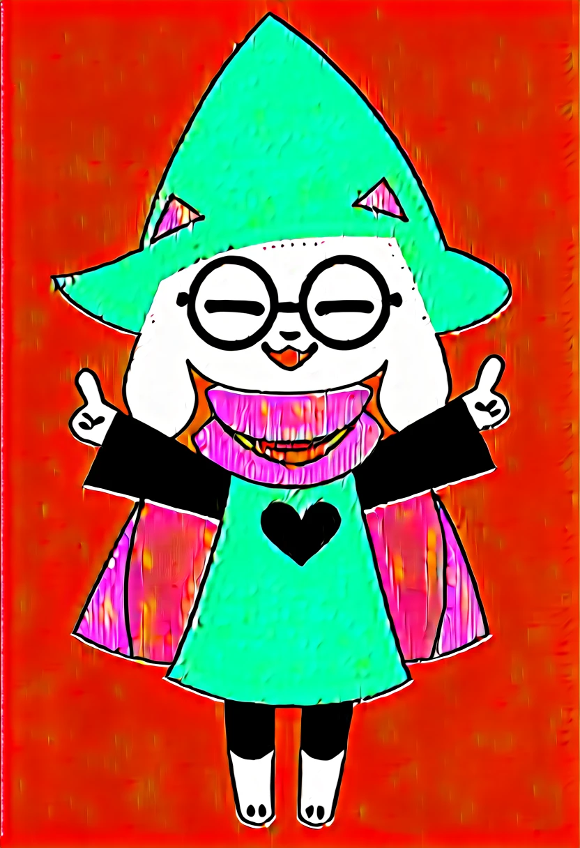  (score_9, score_8_up),furry, fur, face, Ralsei(deltarune), goat, dark fur, pink horns but green because covered by the hat, black sleeves, cute, green glasses, green hat, green shirt, standing, arms up with his hands doing the peace sign,pink scarf,closed eyes, happy, smug face {{{kame (kamepan44231), no humans, chibi, jitome, fumo (doll)}}}, portrait. 1furry, solo