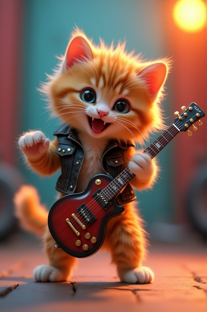 A caramel-colored kitten with big eyes dressed as a rocker, dancing and shouting for the video to last 15 seconds