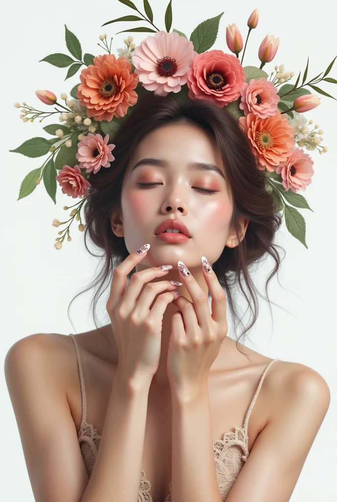 (photorealism:1.2), art woman, fancy flower art hair, relaxed pose, realistic, intricate details, long nail art, advertisement, white background