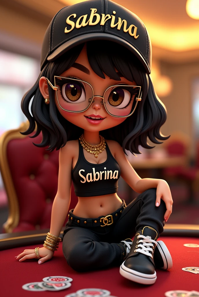 A captivating digital illustration of Chibi Sabrina, exuding charm and confidence, seated at a luxurious casino table. She dons a black cap with bold gold lettering, has mesmerizing brown eyes, and sports black hair. Her honey-toned skin is enhanced by stunning makeup and glasses. Clad in a "Sabrina" crop top, pants, and gold accessories, she embodies the latest fashion trends. Her black and white sneakers add a touch of fun and avant-garde flair. The artwork seamlessly blends photography and 3D digital art, delivering a visually stunning and memorable experience. The opulent furniture and ambiance of the casino encapsulate the glamorous and seductive atmosphere of this enchanting portrait.