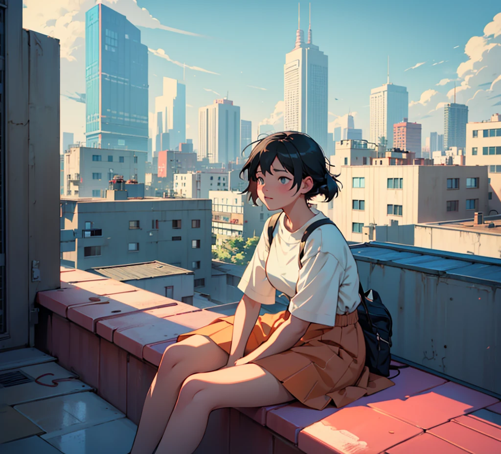 a woman sitting on a rooftop with a city in the background, lofi artstyle, lofi art, inspired by Atey Ghailan, in style of atey ghailan, lofi girl aesthetic, lofi hip hop, lofi girl, chillhop, girl sitting on a rooftop, lofi aesthetic, sits on a rooftop, rooftop romantic