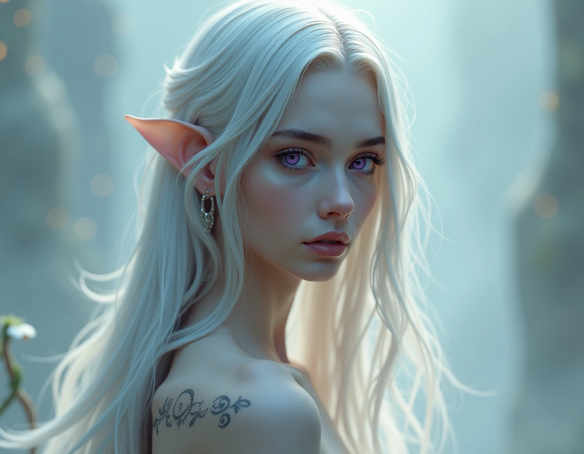 Design me an image of a woman from a fantasy world,, with a smooth, porcelain-like texture and medium tones, but with soft violet eyes and long, silky silver hair, straight nose, who has rune tattoos, with clothes, add some unique characteristics to distinguish them from humans